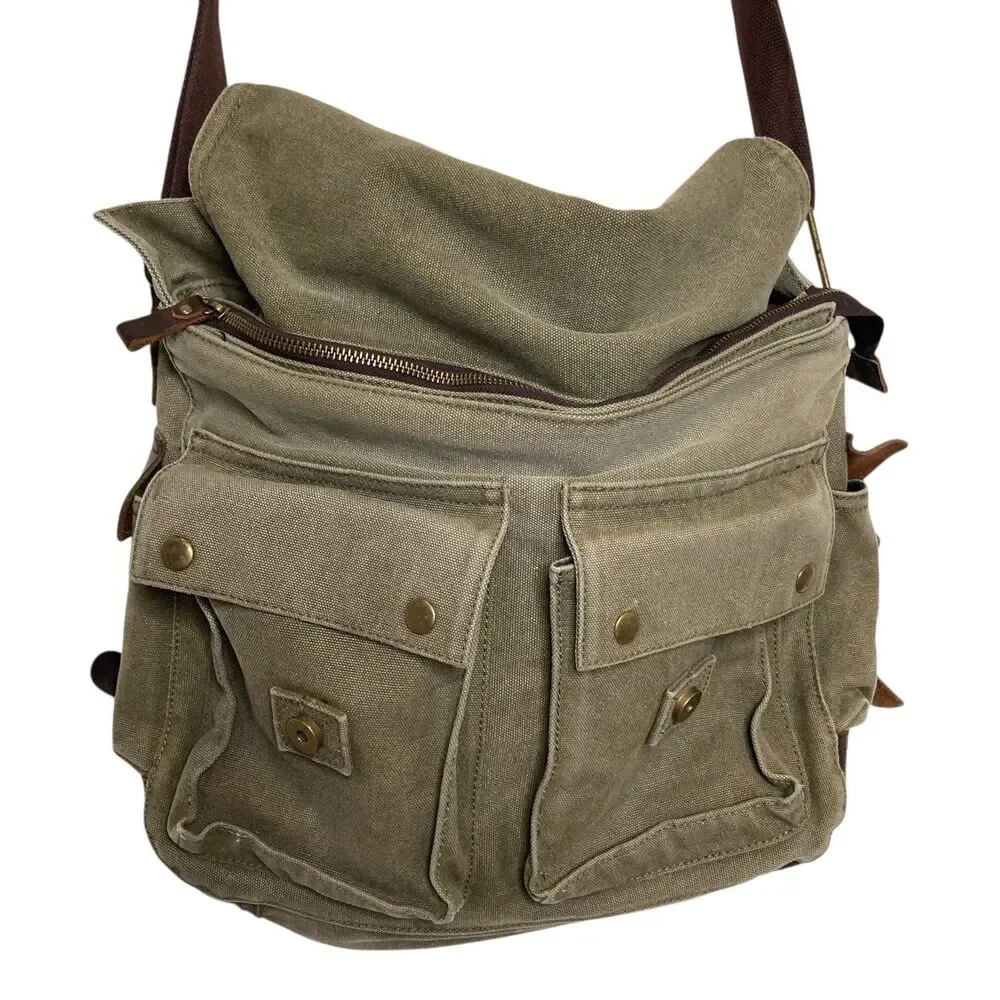 Vintage Military Leather Canvas Laptop Bag Messenger Army Green Adjustable Strap